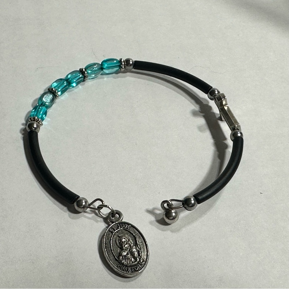 St Anthony & St Jude Medal Bracelet Blue Beads Cross Catholic Religious Flexible
